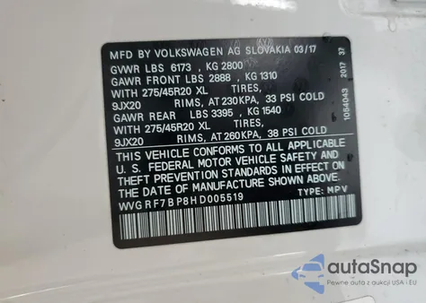 2017 Volkswagen Touareg Wolfsburg из США, поврежденный, VIN WVGRF7BP8HD005519